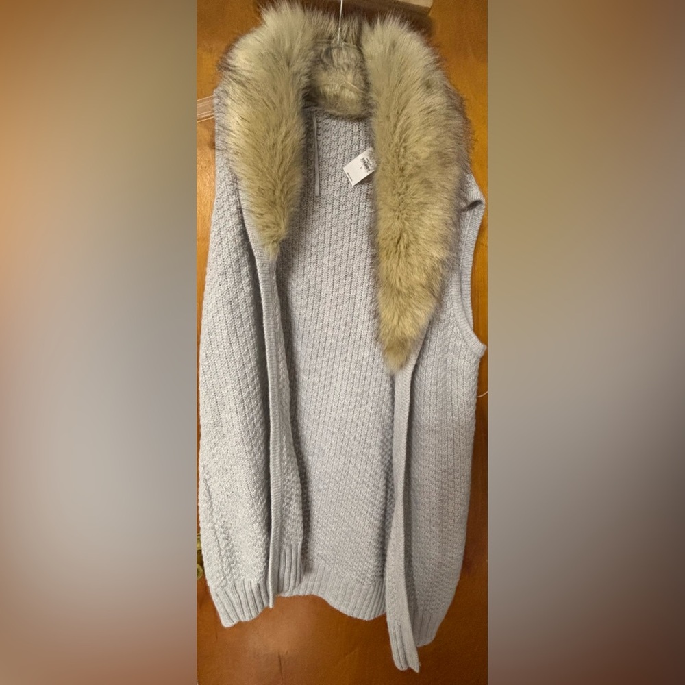 GAP Light Gray Cardigan with Faux Fur Collar
